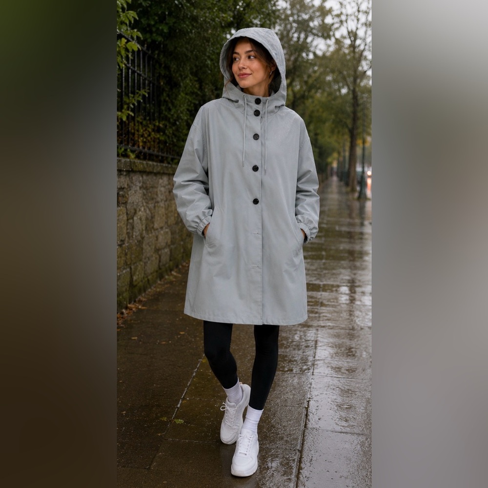 Pale Blue Grey Women's Hooded Raincoat Coat